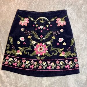 Harper Skirt S Knee Length Blue Floral Embroidered Corduroy Lined Boho‎ Academia